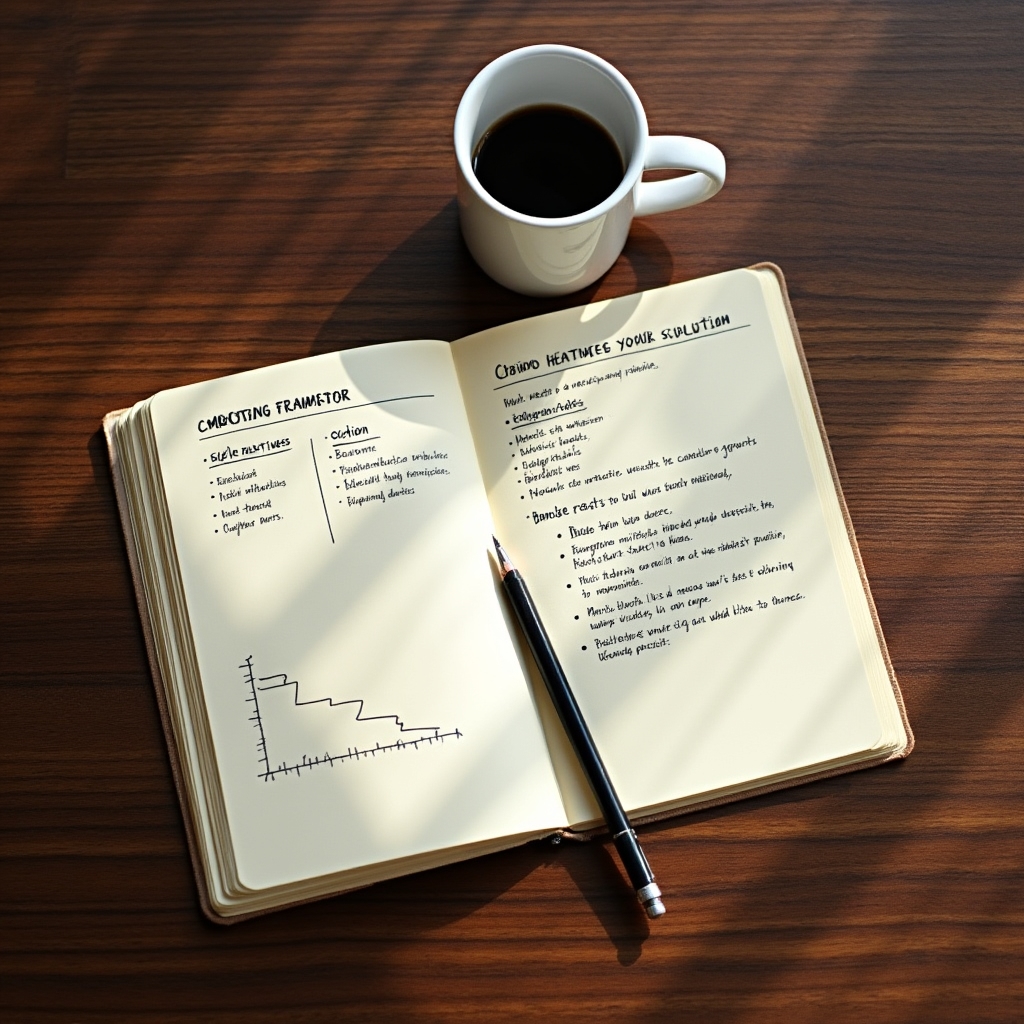 Open notebook with structured meeting framework written clearly, beside a coffee cup on a wooden desk